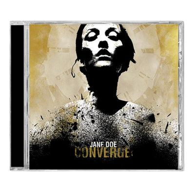 Square CD with artwork of a woman's shoulders and head. Her shoulders start to fade into a solid black background for text. The background is yellow. Below her, there's white text that says JANE DOE, and below that is yellow text that says CONVERGE.