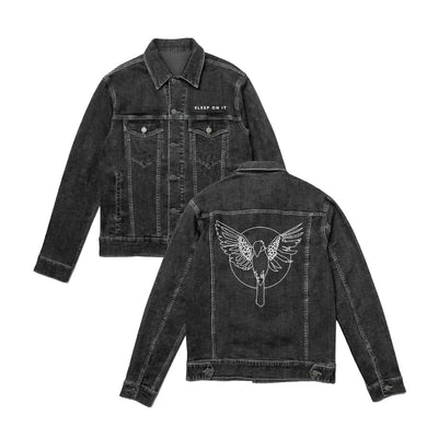 Black Denim Jacket with "SLEEP ON IT" embroidered above the left breast pocket. The back of the jacket has a bird embroidered in the center.