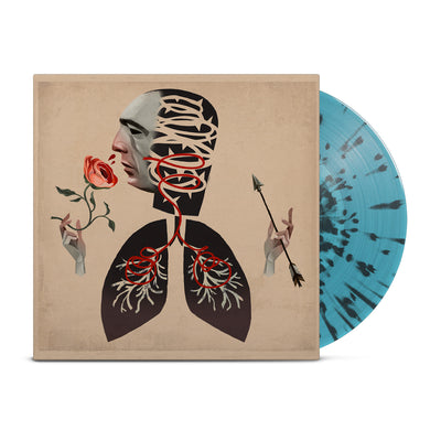 clear turquoise vinyl with black splatter. The jacket is a faded brown color. The design is of a head with a distinct face. The head is connected to two lungs. There are hands on either side of the design. The right hand is holding a rose. The mask is smelling the rose, and red swirly lines are seen going from the nose to the lungs. The left hand holds an arrow.