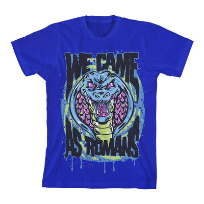 Royal blue t shirt against white background. Front of shirt has a picture of a blue, pink, and green cobra with its mouth open. Above the snake has "WE CAME" printed in black and "AS ROMANS" is printed below the snake in black.