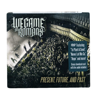 DVD against white background. DVD cover is a picture of the band We Came as Romans performing on stage in front of a crowd from a birds eye view. The top left corner has "WE CAME AS ROMANS" printed and the bottom right corner has "PRESENT, FUTURE, AND PAST" printed.