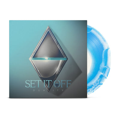 Blue and white marbled vinyl. Jacket of vinyl has 2 silver triangles facing each other vertically in center. Bottom of jacket has "SET IT OFF" printed in blue and "DUALITY" printed below in silver. Background of jacket is teal fading to gray.