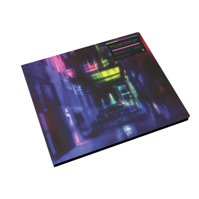 Square CD with artwork of an alley. The entire album cover is multicolored pink, dark blue, purple, and green. At the end of the alley there is a dark with its rear lights on.