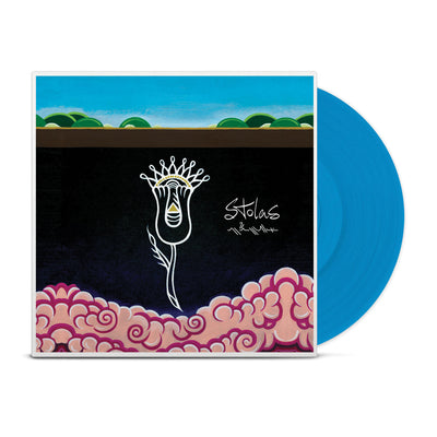 Vinyl cover showing a flower outline with a background of cartoon like trees and a sky.  Sticking out of the cover is an opaque blue vinyl.