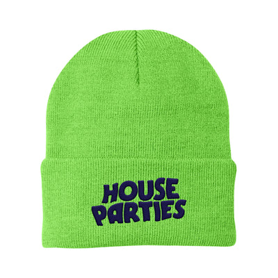 Neon green beanie with "HOUSE PARTIES" printed in center of folded portion in black.