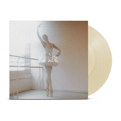 Vinyl jacket with scratchy white text in the center that says YOUNG CULTURE. The album art is an image of a ballerina dancing in a white room. Peeking out of the jacket is a cream colored vinyl.