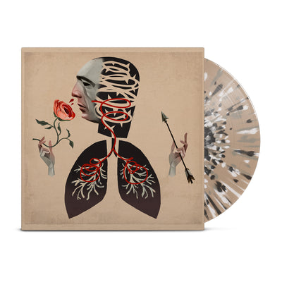 Light brown vinyl with black, white and grey splatter. The jacket is a faded brown color. The design is of a head with a distinct face. The head is connected to two lungs. There are hands on either side of the design. The right hand is holding a rose. The mask is smelling the rose, and red swirly lines are seen going from the nose to the lungs. The left hand holds an arrow.