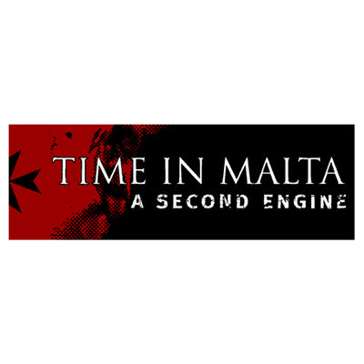 A rectangular sticker with red on the left side that tuns to black as you look left to right. The text "time in malta" is in the middle with the text "A second Engine" underneath.