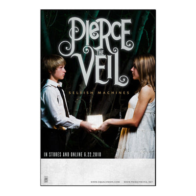 Vertical poster with the "Pierce the Veil" Logo printed very large. Under that is a boy and a girl, both with their hands on a glowing box. The subtext "Selfish Machines" is printed under the band logo.