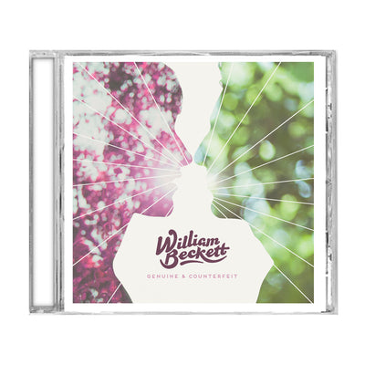 CD against white background. CD cover has 2 figures facing each other, one is green and one is pink. There is a ray of white light between them. The bottom of the cover has "WILLIAM BECKETT" printed in dark pink font. Below that is printed "GENUINE AND COUNTERFEIT".