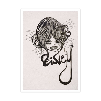 A white vertical rectangular print of a girl's head. It appears she has large eyed creatures on the sides of her head that are eating her. Underneath is stylized text that says "Eisley".