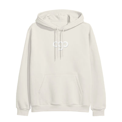 Off white colored hoodie against white background. Front of hoodie has "AGO" printed in white in the center.