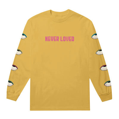 Yellow long sleeve shirt with NEVER LOVED written cross the chest in pink. Along both sleeves is four rolling eyes looking upwards.