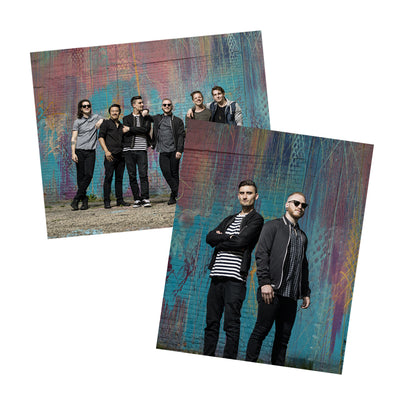 2 sided poster against white background. One side has all 6 members of the band We Came as Romans standing side by side with a colorful background. The other side of the poster has 2 members standing next to each other against same background.