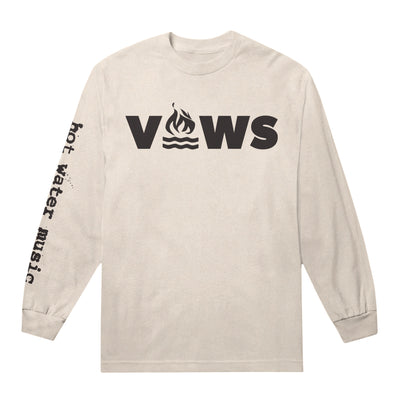 Ivory white long sleeve shirt. The text "VOWS" is printed in large black text. The "O" is replaced with a campfire graphic. The Right sleeve has the text "hot water music" printed on it.