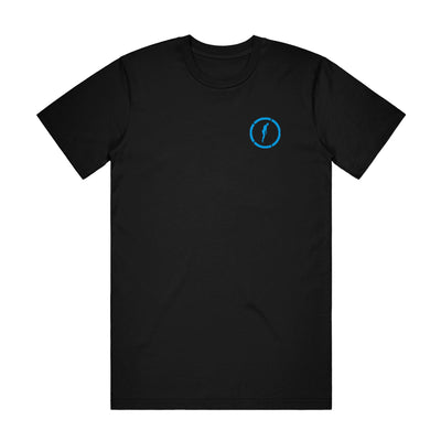 Black t-shirt with picture of a floating blue silhouette with a circle around it in same blue color printed on upper right of shirt. 