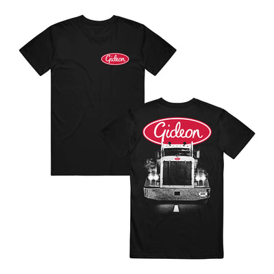 Black t-shirt with word "gideon" written in white in a red, horizontal oval is printed in top right corner of shirt. Back of shirt has same logo printed in top center of shirt, with a picture of the front of a large truck directly below it.