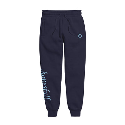 Navy blue joggers with picture of a floating blue silhouette with a circle around it in same blue color printed on top right. "hopesfall" is printed on bottom left leg of jogger in light blue color.