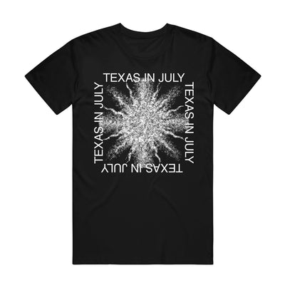 Black graphic T-shirt. The artwork is a square at the center with the text "TEXAS IN JULY" printed on all four sides. The 