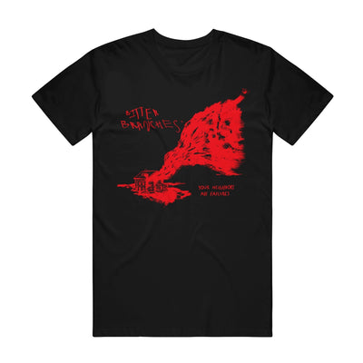 Black short sleeve shirt with BITTER BRANCHES written in scratchy red font. Below that there is a drawing of a house with red smoke coming out of it. Below the cloud of smoke, there is smaller text that says YOUR NEIGHBORS ARE FAILURES.