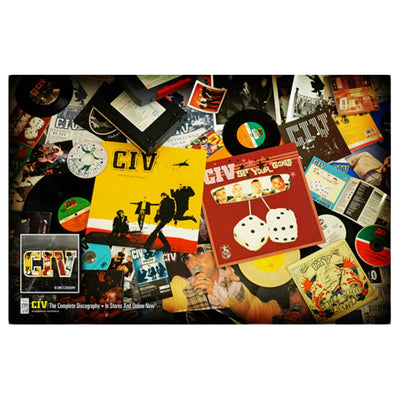 Horizontal poster with all album artwork piled up from the band "CIV". There is text on the bottom that reads "CIV The complete discography"."