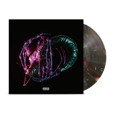 Transparent black vinyl with holographic effect. Jacket of vinyl is abstract picture of an animal with horns in pink, and rings around the animal in purple, pink, and green colors.