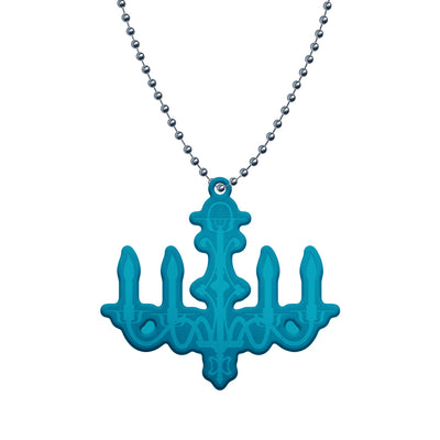 A silver Bead Necklace with a blue chandelier trinket.