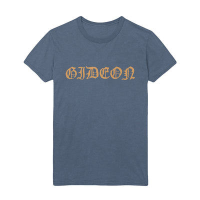 Blue Jean colored short sleeve shirt with yellow text across the chest that says GIDEON. 