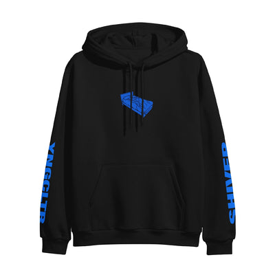 Black pullover hoodie with artwork of a blue bed on the chest. Along the left sleeve, "YNG CLTR" is written in blue. On the right sleeve, "SHIVER" is written in blue.