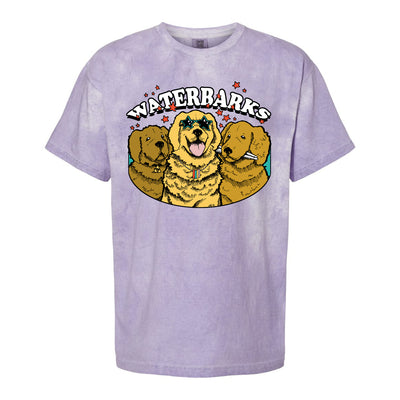 Tie-dye amethyst t-shirt with 3 dogs in center of shirt. "Waterbarks" logo is printed above them. Dog in center of t-shirt is wearing star sunglasses. 