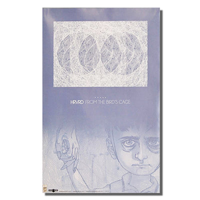 A vertical rectangular poster with a blue background on the top. There is another rectangle inside the poster that is drawn in white. Inside are two imperfect circles. In the middle of the poster there is text that reads "HRVRD FROM THE BIRDS CAGE". underneath is a boy with large bags under his eyes and he appears to be holding a woman's hand.