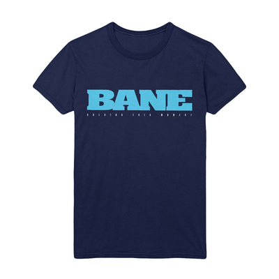 Navy blue t-shirt with text "BANE" printed in bright teal color in center of shirt towards the top. 