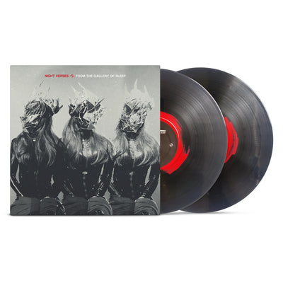 2 black vinyls with red ring around the center. Jacket of vinyl is a black and white picture of 3 people with long hair sitting down. Their faces are replaced with glass shards, and they are all wearing tiaras.