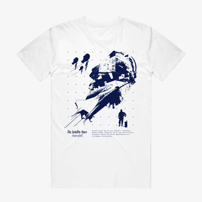 White t-shirt with picture of large satellite in center of shirt and silhouettes and smaller satellites printed in top left and bottom right corners. Bottom of shirt has "THE SATELLITE YEARS, HOPESFALL" printed on left side and track list on right side. All printed in dark blue color.   