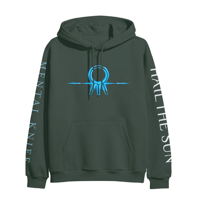 Forest green colored hoodie with the Hail The Sun logo across the chest in blue (circle with three lines coming out the bottom. On one sleeve, there is white text that says HAIL THE SUN, and on the other there is blue text that says MENTAL KNIFE.