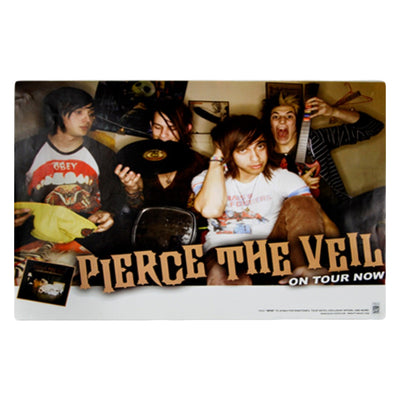 A rectangular sticker with a picture of pierce the veil. They are sitting on a couch.  All four of them are doing goofy things such as biting a record, and plaing a guitar hero guitar. The text "Pierce the veil" is on the bottom in orange. The text "on tour now" is underneath the band logo.