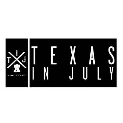 A black rectangular horizontal sticker with the text "TEXAS IN JULY" taking up the majority of the sticker. To the left of that text is a cracked bell. "Since 2007" is printed below the bell. There is an "X" above the bell. In each corner of the "X" are the letters "T" "I" "J".