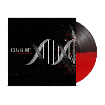 Black vinyl jacket with TEXAS IN JULY written in middle left. Below that, BLOODWORK is written in smaller red font. On the right side of the jacket, there is a large chromosome strand drawn in silver. There is red font with elements and other scientific diagrams drawn behind the chromosome. Peeking out of the jacket on the right, is a half red half black disc.