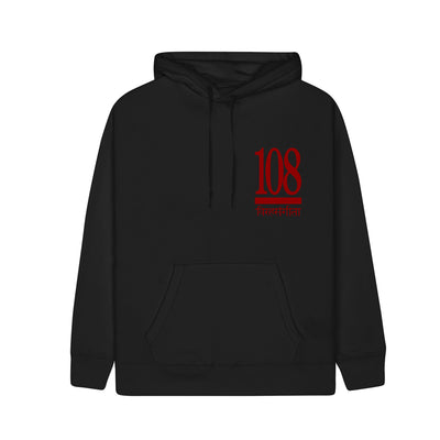 Black pullover hoodie with red text in the top corner that says 108. Below that is a thick red line underlining the text.