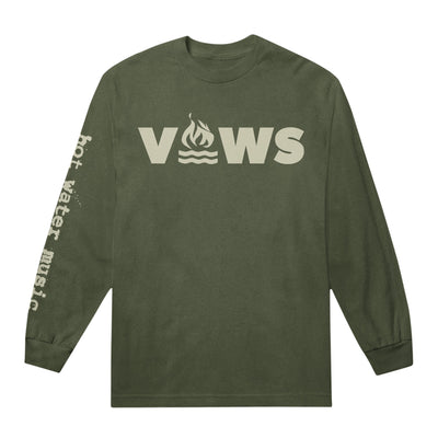 Hemp colored long sleeve shirt. The text "VOWS" is printed in large black text. The "O" is replaced with a campfire graphic. The Right sleeve has the text "hot water music" printed on it.