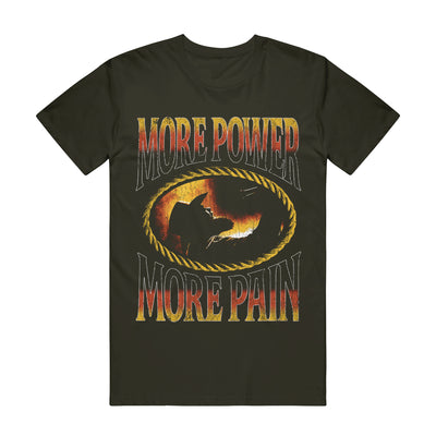 Black t-shirt with words "MORE POWER" in bold letters fading from yellow, to red, to black printed on the top of shirt, and "MORE PAIN" printed on bottom of shirt with same colors and font. Center of shirt is a horizontal oval shape, with a picture of a side profile of a cowboy with his mouth open with fire in the background. 