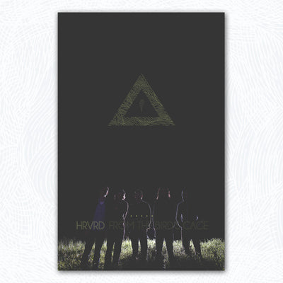 Vertical poster with five men standing in a field at night. They are being lit up, but you can still only see their outline. Above them is a Green etched Triangle. The transparent text "HRVRD FROM THE BIRDCAGE" is printed over the men.