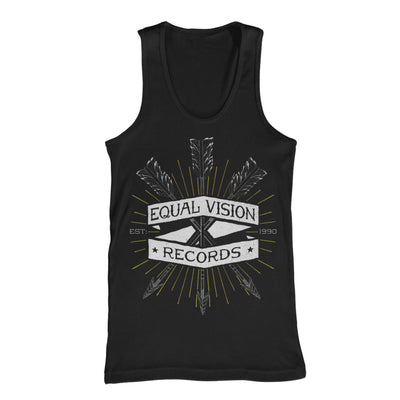 Black tank top with white background. Center of tank top has 3 arrows printed intersecting each other. A white strip is around the arrows and "EQUAL VISION RECORDS" is printed on it. Thin yellow lines are around the arrows.