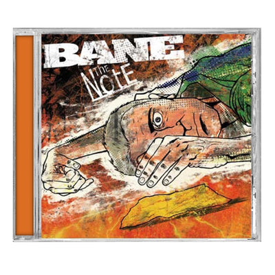 Square CD with a man fallen on the ground. His eyes are open and there is a note next to him on the ground. In the top left corner, there is text that says BANE, and under that is text that says THE NOTE.