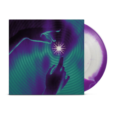 Vinyl jacket with a drawing of two hands reaching for a star. Around the star and covering the whole album cover is a ripple effect drawn in purple and green. Peeking out of the vinyl jacket is a clear and purple vinyl.