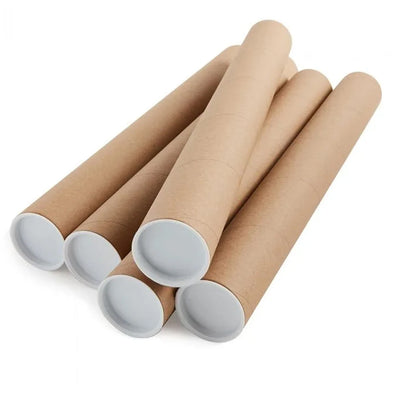 A pile of cardboard poster tubes with plastic caps at the end.